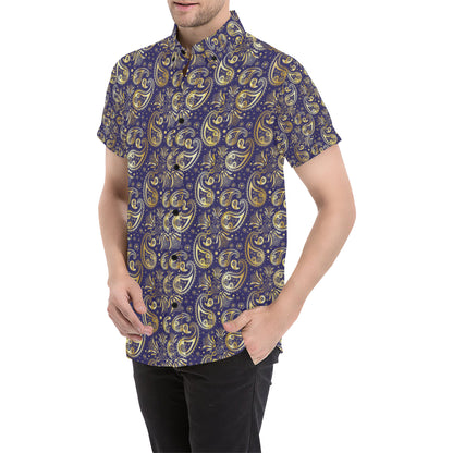 Paisley Blue Yellow Design Print Men's Short Sleeve Button Up Shirt