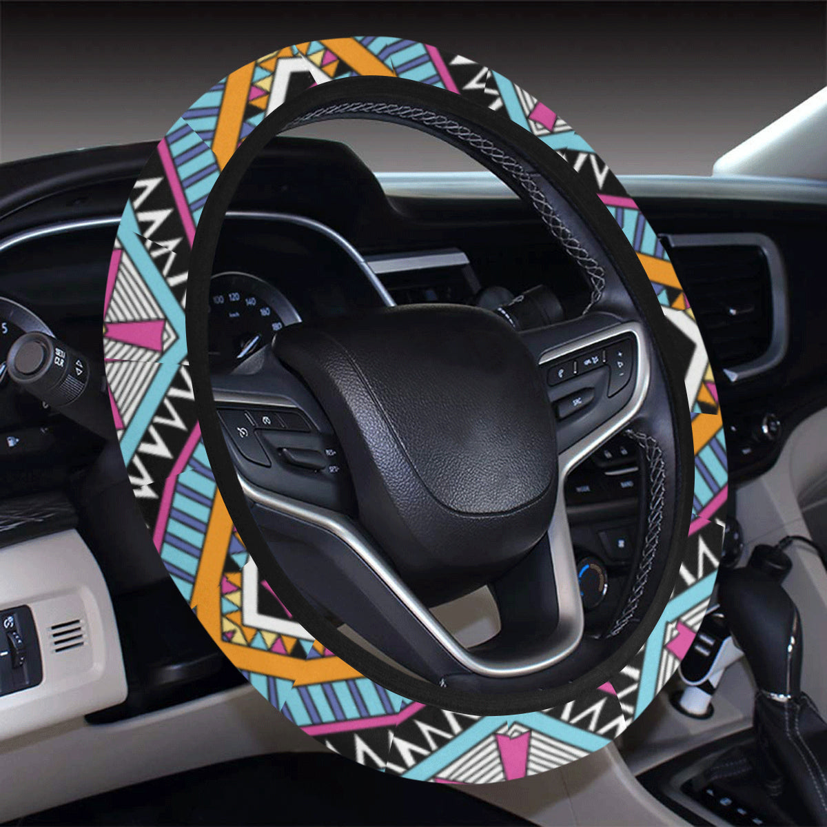 Multicolor zigzag Tribal Aztec Steering Wheel Cover with Elastic Edge
