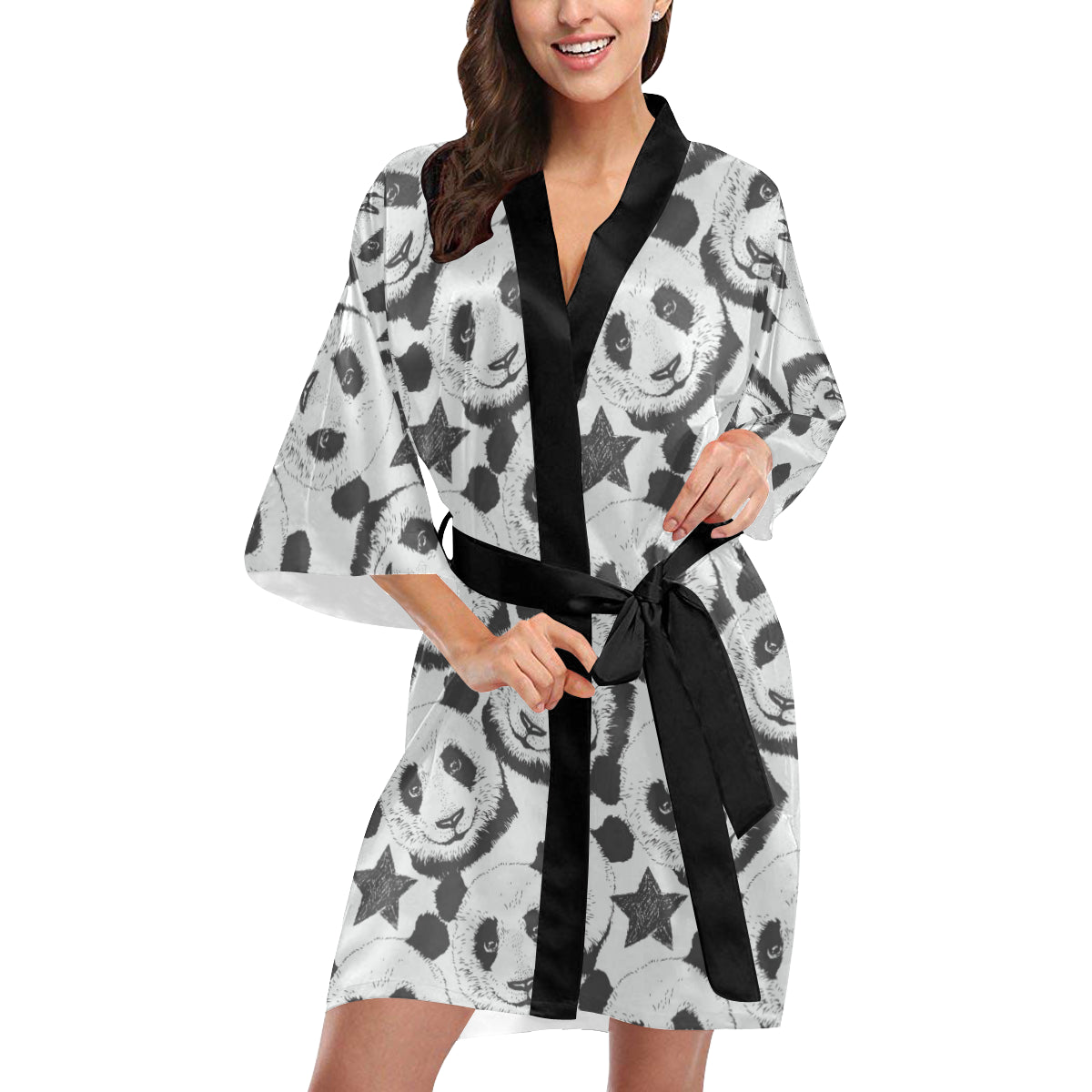 Panda Pattern Print Design A02 Women's Short Kimono