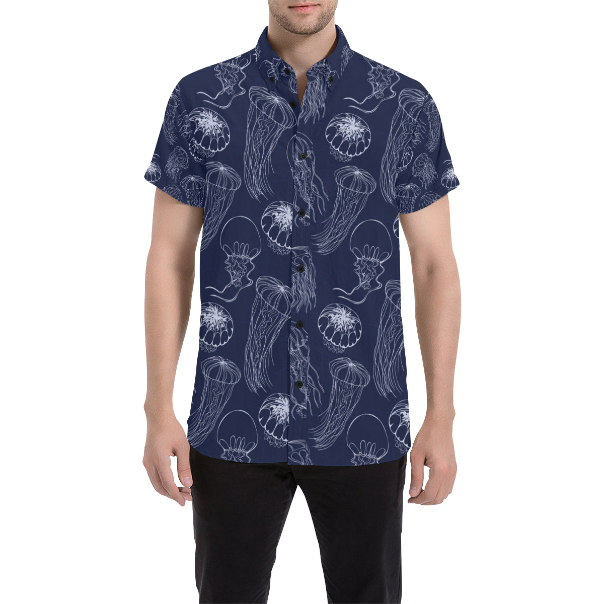 Jellyfish Pattern Print Design 05 Men's Short Sleeve Button Up Shirt