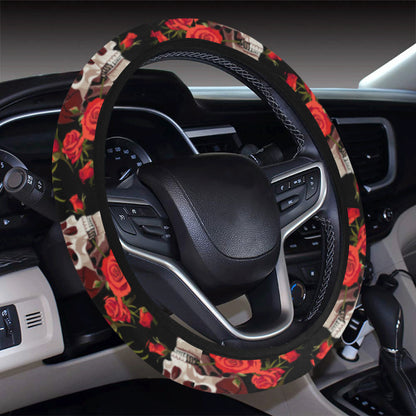 Red Rose Skull Design Print Steering Wheel Cover with Elastic Edge