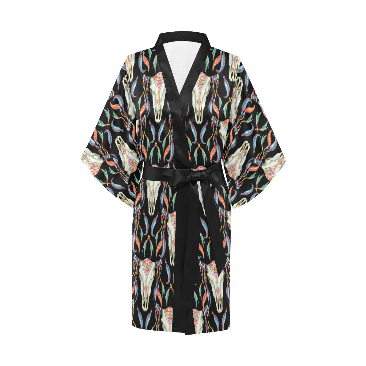 Buffalo Head Boho Style Pattern Print Design 01 Women's Short Kimono