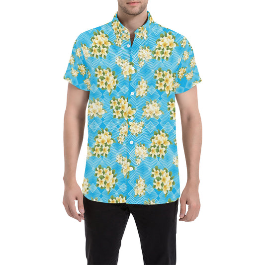 Yellow Plumeria Design Print Pattern Men's Short Sleeve Button Up Shirt
