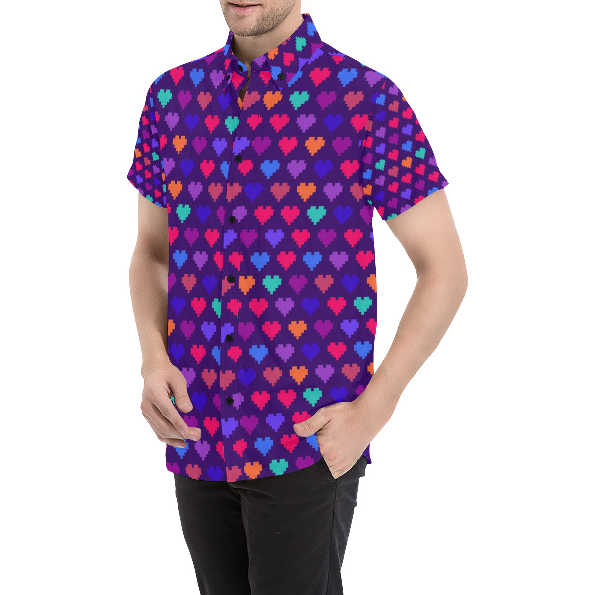 Heart Pixel Pattern Print Design HE03 Men's Short Sleeve Button Up Shirt