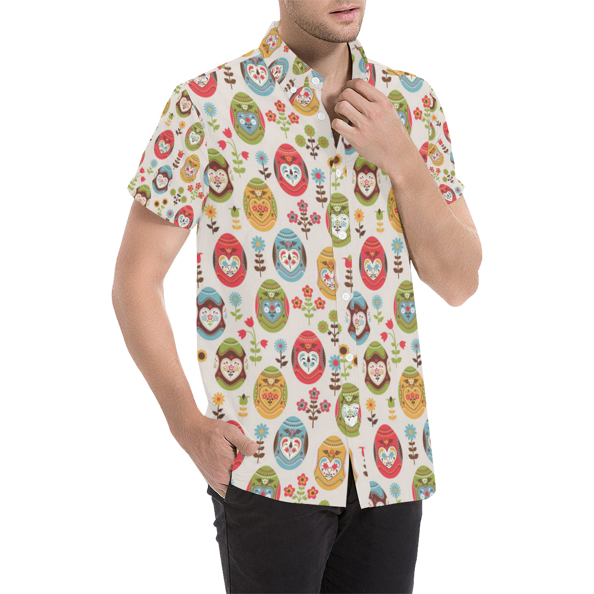 Easter Eggs Pattern Print Design RB011 Men's Short Sleeve Button Up Shirt