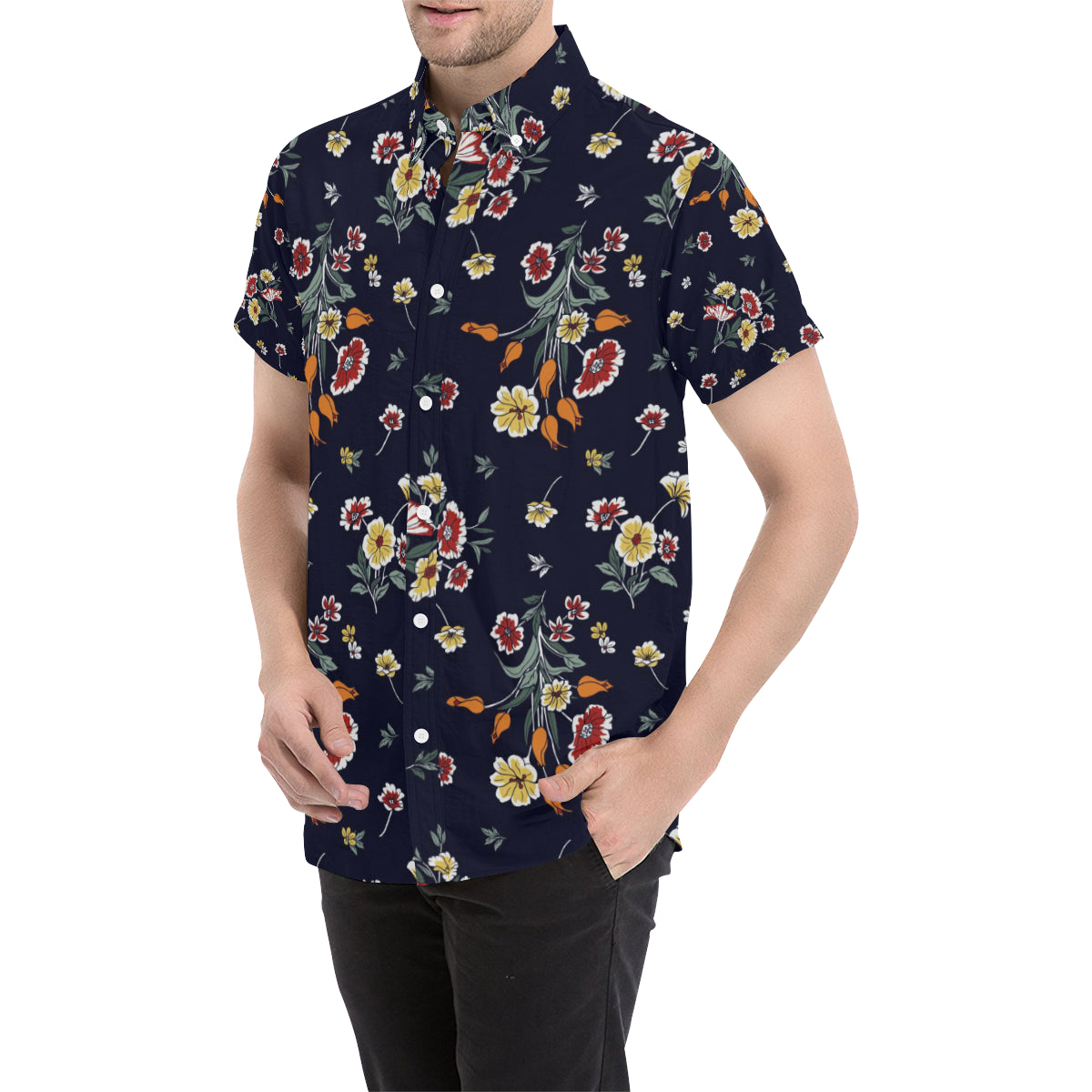 Summer Floral Pattern Print Design SF01 Men's Short Sleeve Button Up Shirt