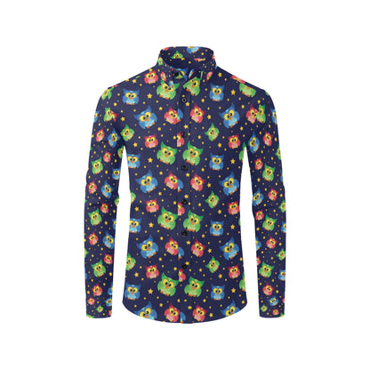 Owl with Star Themed Design Print Men's Long Sleeve Shirt