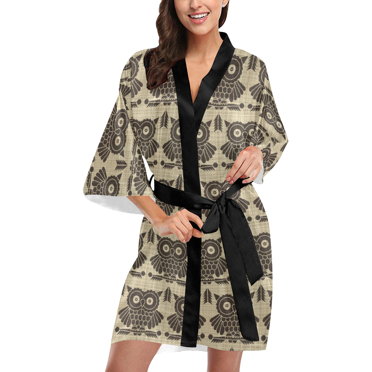 Owl Pattern Print Design A01 Women's Short Kimono