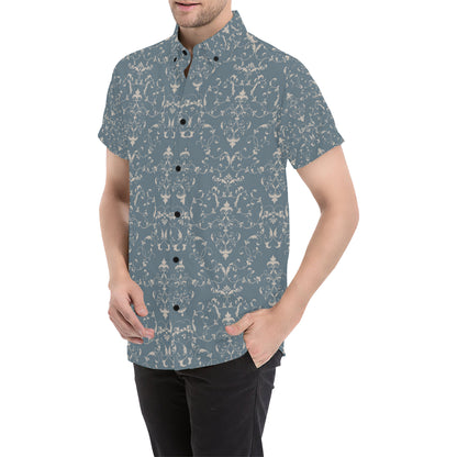 Damask Elegant Teal Print Pattern Men's Short Sleeve Button Up Shirt