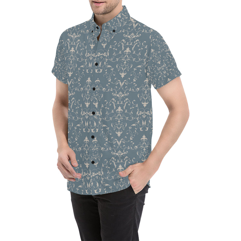 Damask Elegant Teal Print Pattern Men's Short Sleeve Button Up Shirt