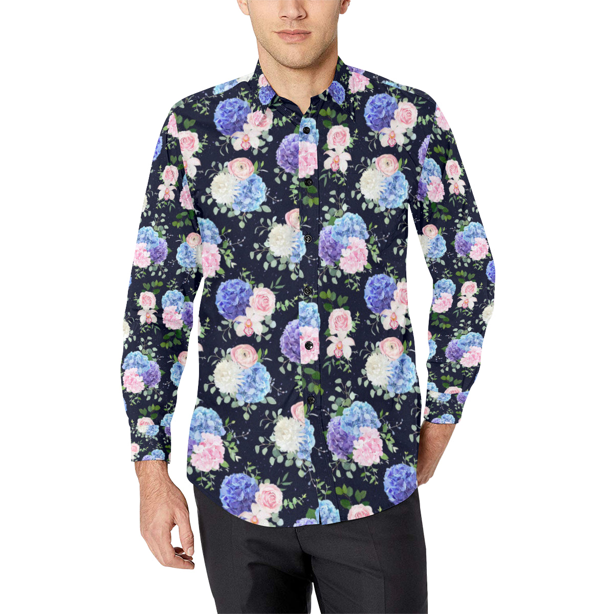 Hydrangea Pattern Print Design HD01 Men's Long Sleeve Shirt