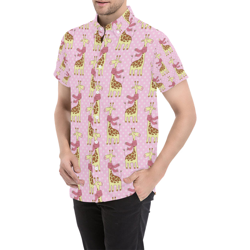 Giraffe Cute Pink Polka Dot Print Men's Short Sleeve Button Up Shirt