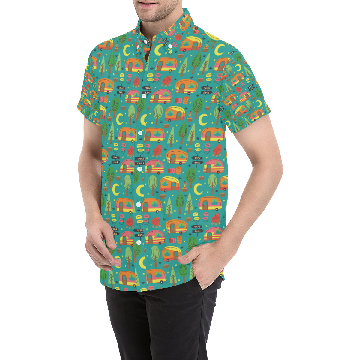 Camping Camper Pattern Print Design 05 Men's Short Sleeve Button Up Shirt