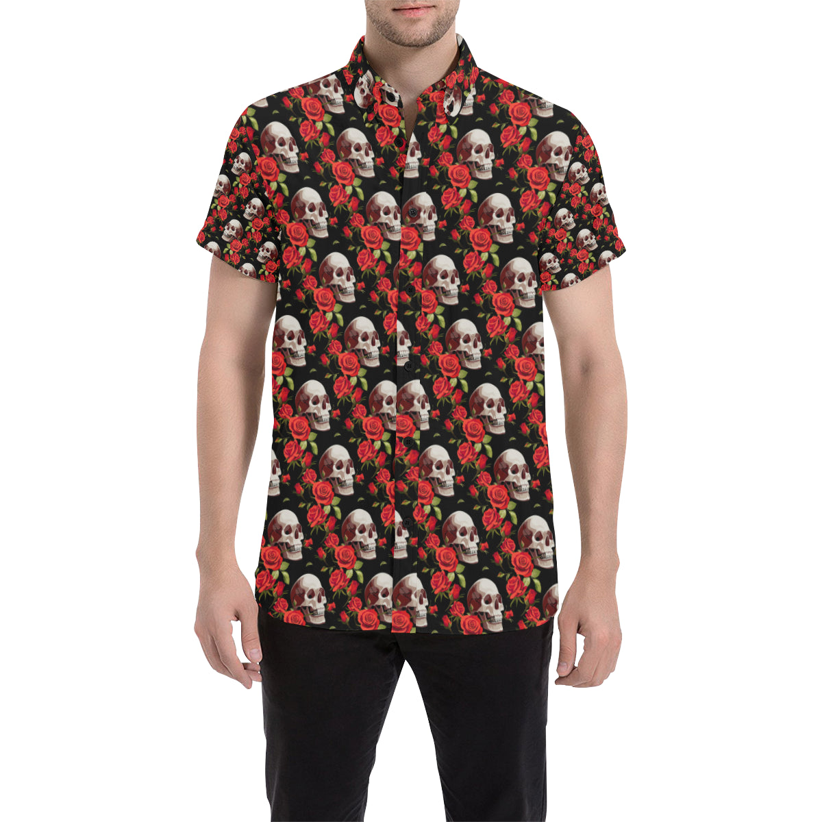 Red Rose Skull Design Print Men's Short Sleeve Button Up Shirt