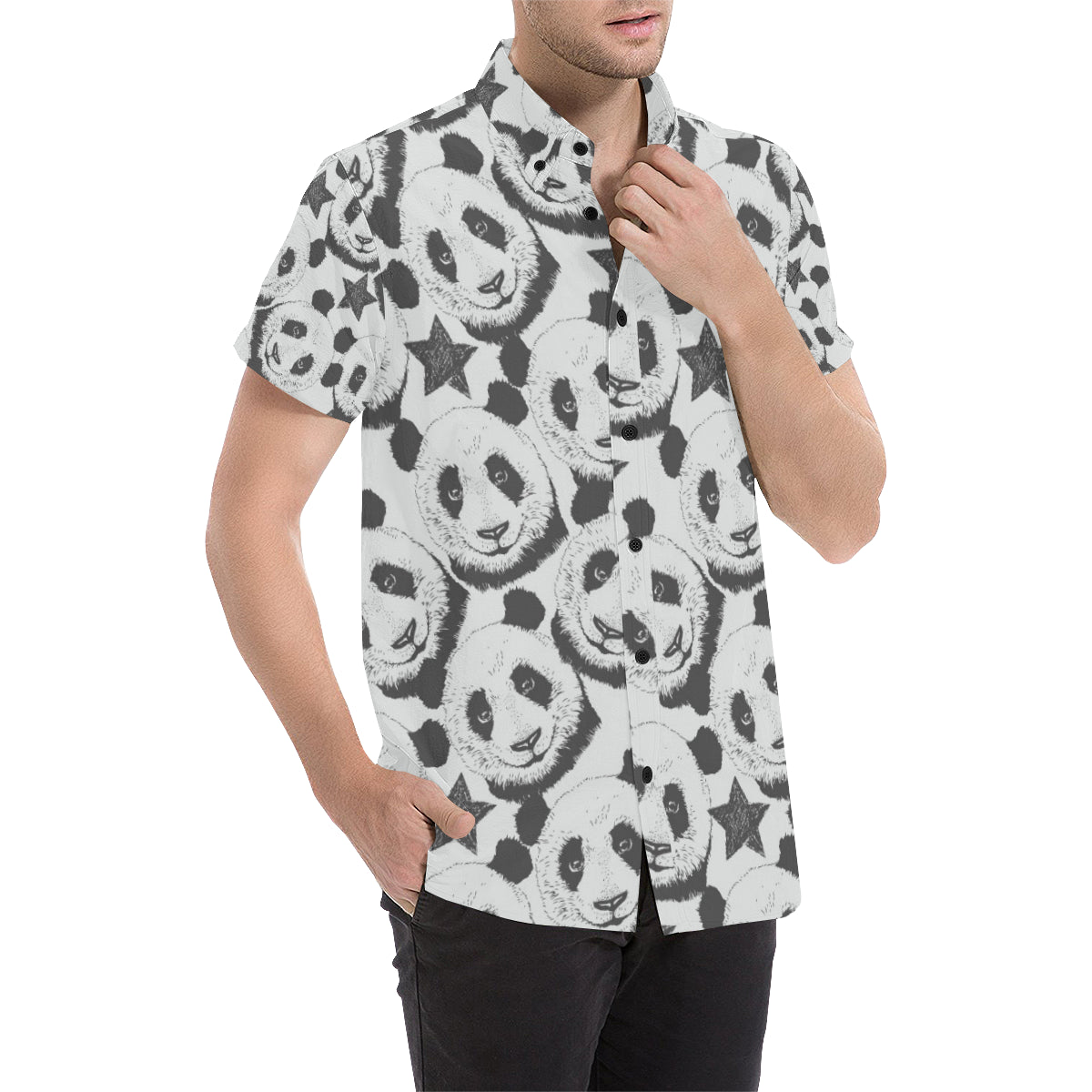 Panda Pattern Print Design A02 Men's Short Sleeve Button Up Shirt