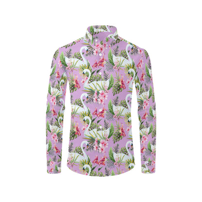 Swan with Flower Pattern Print Design 01 Men's Long Sleeve Shirt