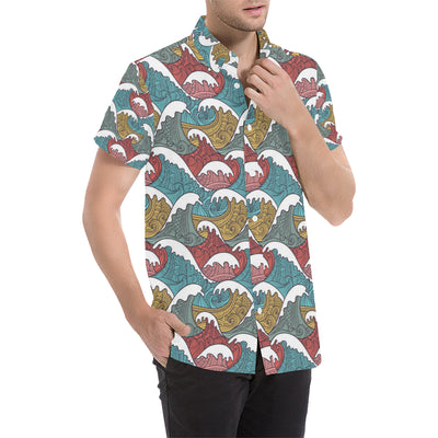 Tribal Wave Pattern Print Men's Short Sleeve Button Up Shirt