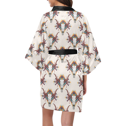 Buffalo Head Pattern Print Design 02 Women's Short Kimono