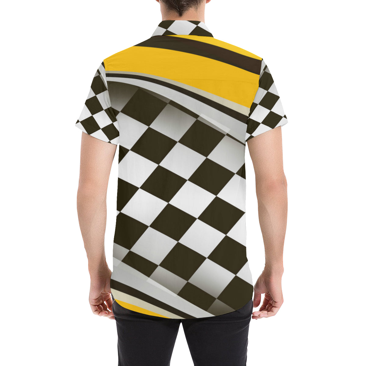 Checkered Flag Racing Style Men's Short Sleeve Button Up Shirt