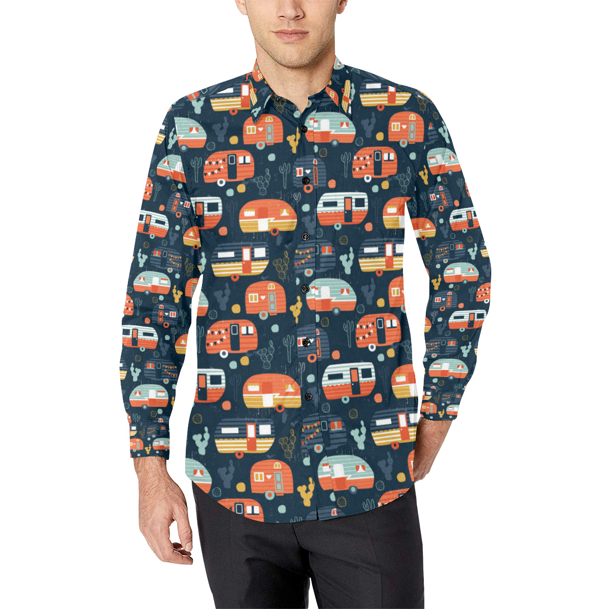 Camper Caravan Print Pattern Men's Long Sleeve Shirt