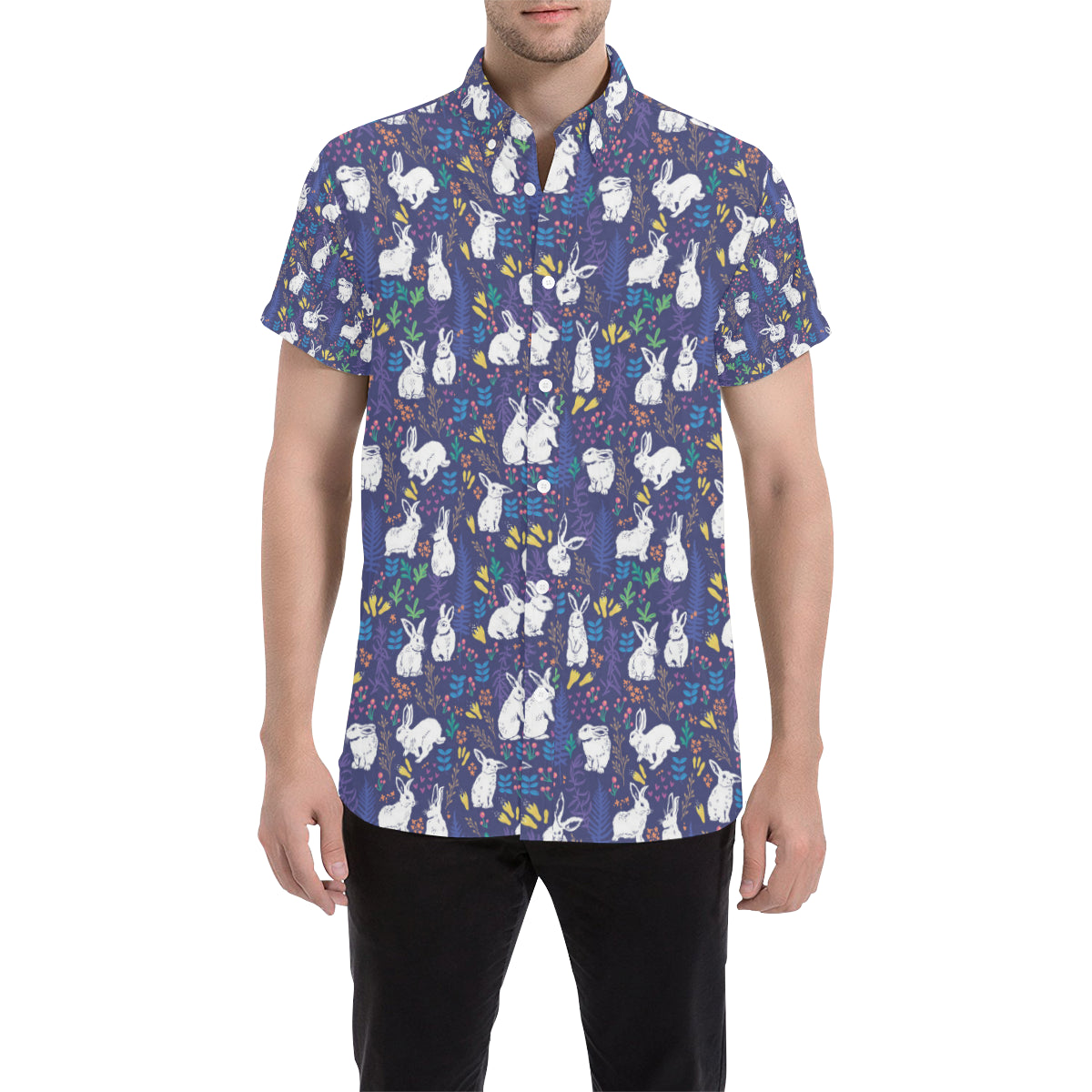 Bunny Pattern Print Design 01 Men's Short Sleeve Button Up Shirt