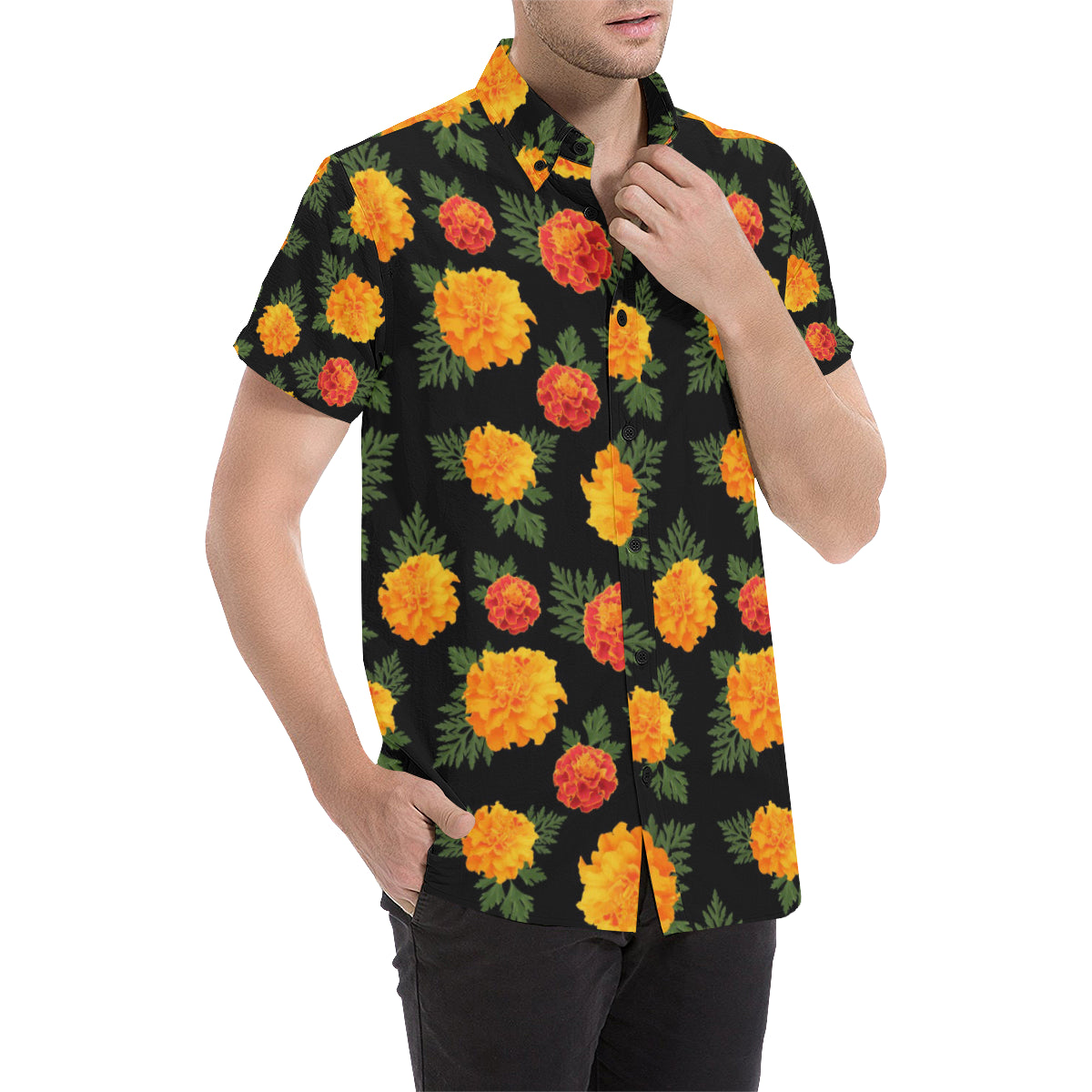 Marigold Pattern Print Design MR05 Men's Short Sleeve Button Up Shirt