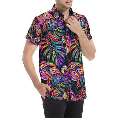 Neon Color Tropical Palm Leaves Men's Short Sleeve Button Up Shirt