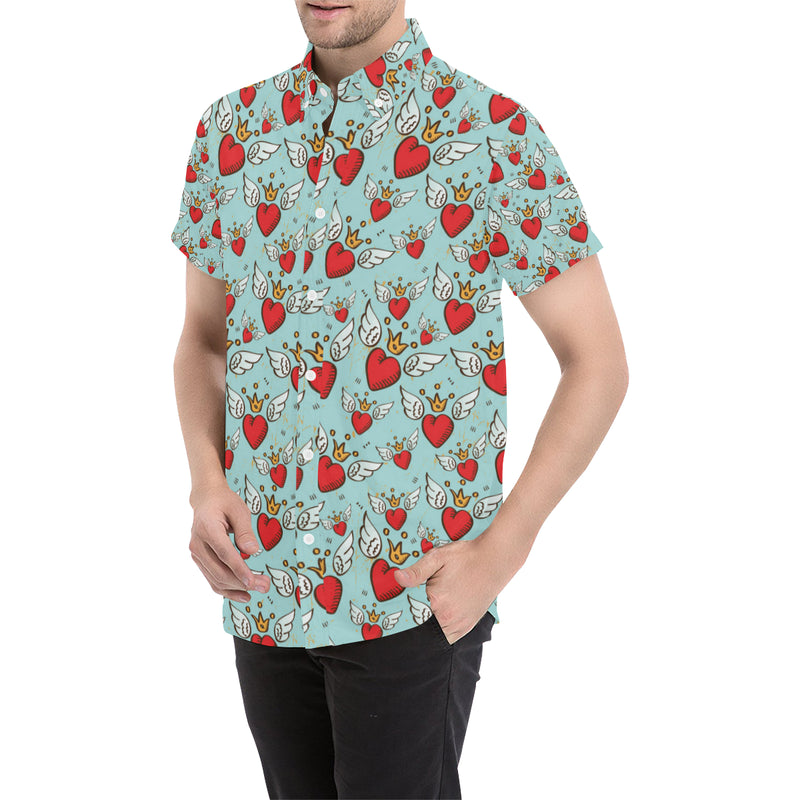 Angel Wings Heart Pattern Print Design 02 Men's Short Sleeve Button Up Shirt