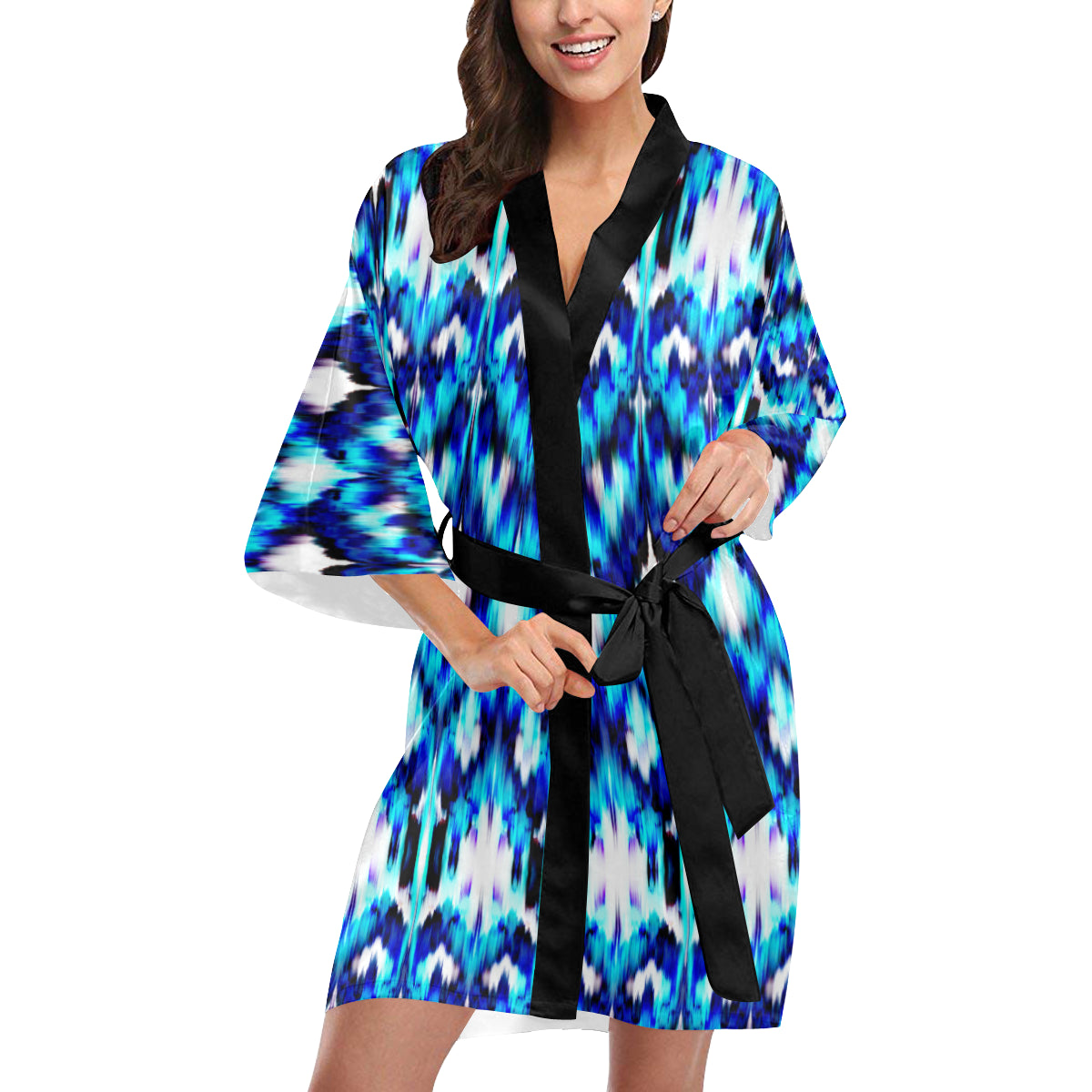 Ikat Blue Pattern Print Design 01 Women's Short Kimono