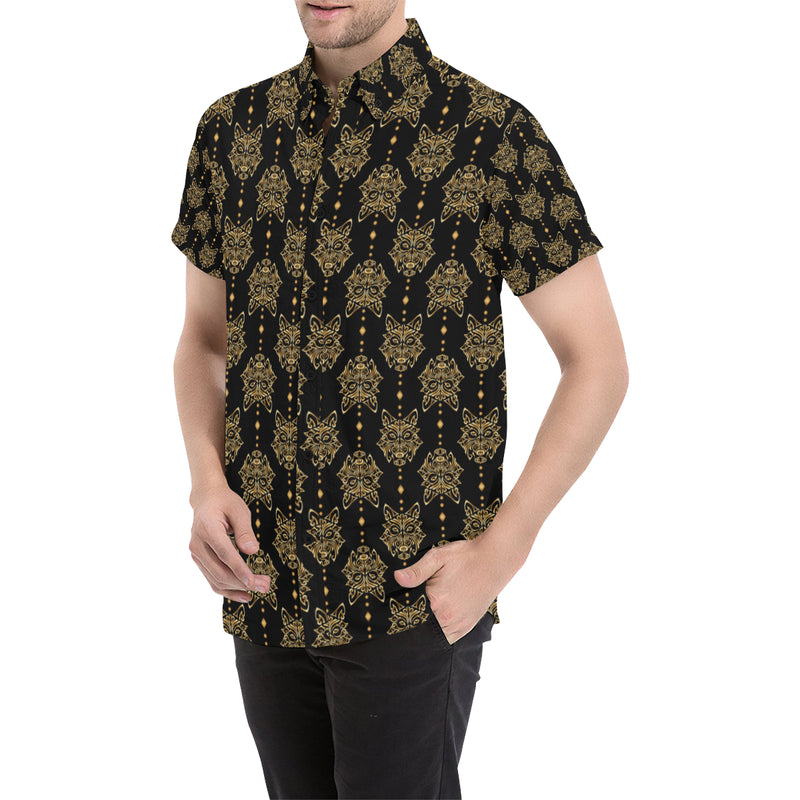 Aztec Wolf Pattern Print Design 04 Men's Short Sleeve Button Up Shirt