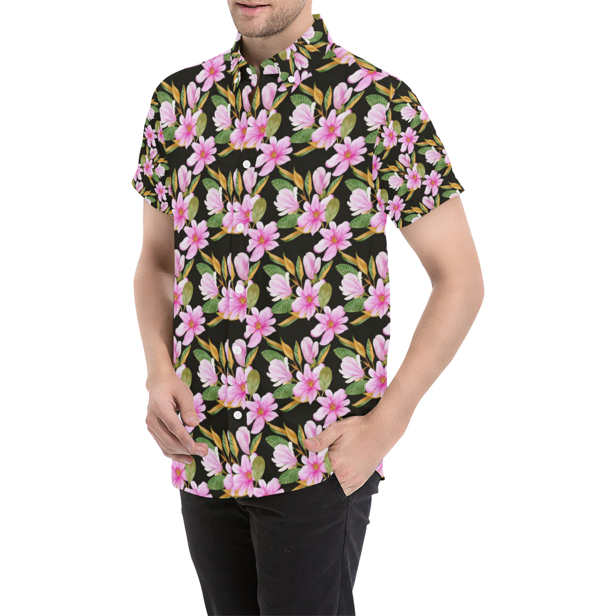 Magnolia Pattern Print Design MAG08 Men's Short Sleeve Button Up Shirt