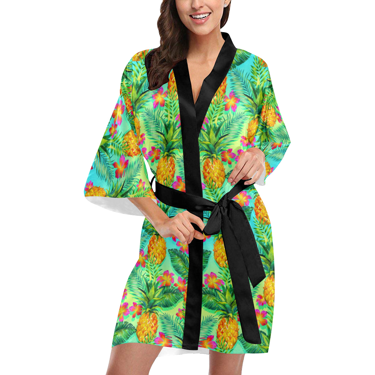 Pineapple Pattern Print Design PP010 Women Kimono Robe