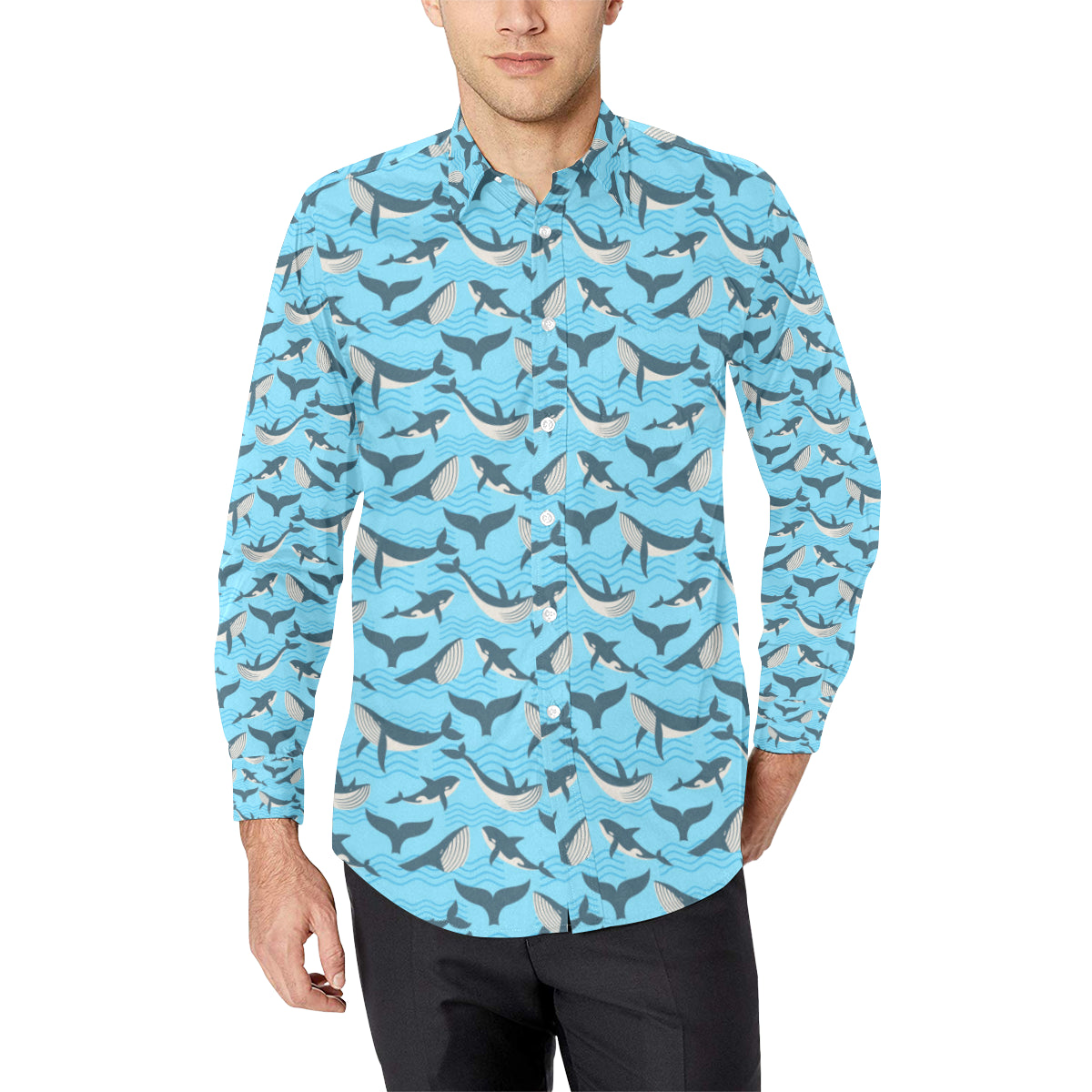 Whale Pattern Design Themed Print Men's Long Sleeve Shirt