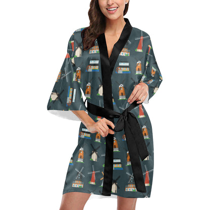 Windmill Pattern Print Design 04 Women's Short Kimono