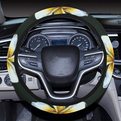 White Plumeria Pattern Print Design PM022 Steering Wheel Cover with Elastic Edge