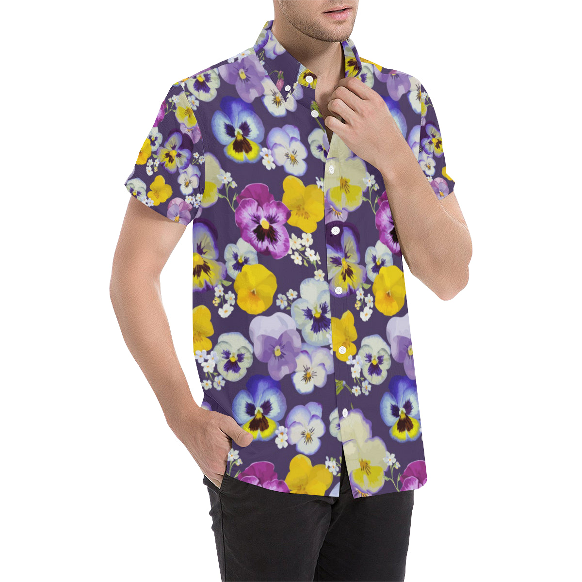 Pansy Pattern Print Design PS02 Men's Short Sleeve Button Up Shirt