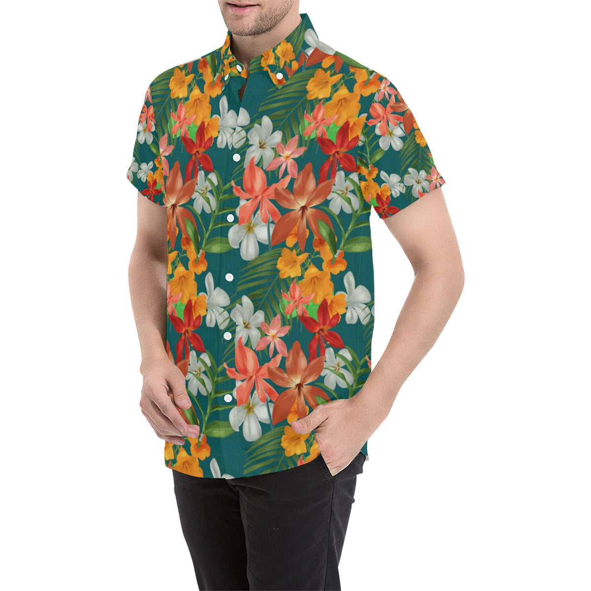 Amaryllis Pattern Print Design AL06 Men's Short Sleeve Button Up Shirt