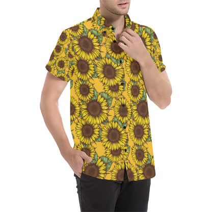 Sunflower Pattern Print Design SF04 Men's Short Sleeve Button Up Shirt