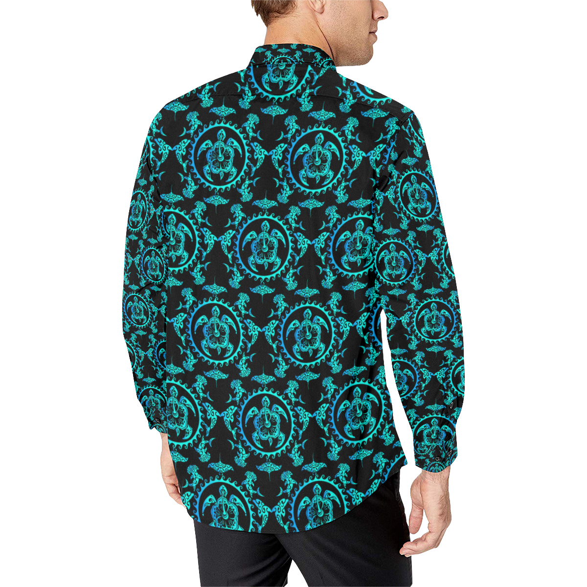 turquoise Tribal Sea Turtle Hawaiian Men's Long Sleeve Shirt