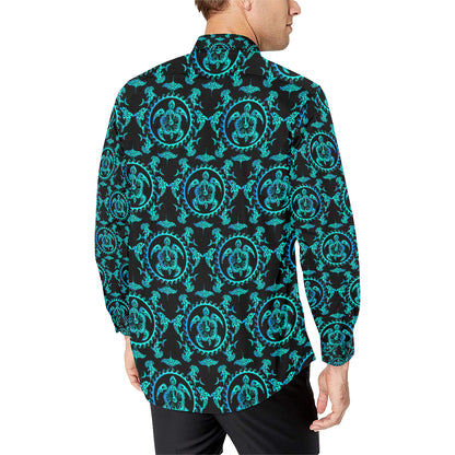 turquoise Tribal Sea Turtle Hawaiian Men's Long Sleeve Shirt