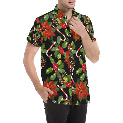 Poinsettia Pattern Print Design POT01 Men's Short Sleeve Button Up Shirt
