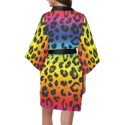 Rainbow Leopard Pattern Print Design A01 Women's Short Kimono