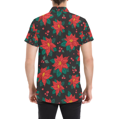Poinsettia Pattern Print Design POT07 Men's Short Sleeve Button Up Shirt