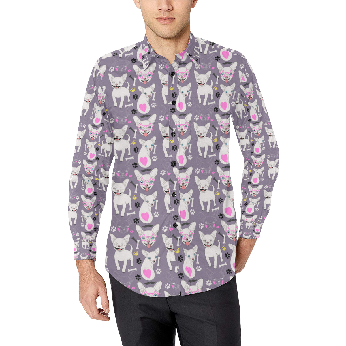 Chihuahua Happy Pattern Men's Long Sleeve Shirt