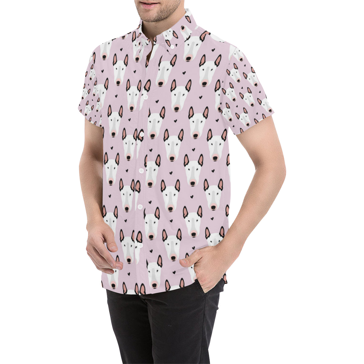 Bull Terrier Pink Print Pattern Men's Short Sleeve Button Up Shirt