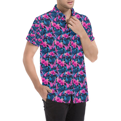 Tropical Folower Pink Themed Print Men's Short Sleeve Button Up Shirt