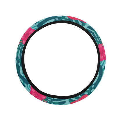 Red Hibiscus Pattern Print Design HB017 Steering Wheel Cover with Elastic Edge