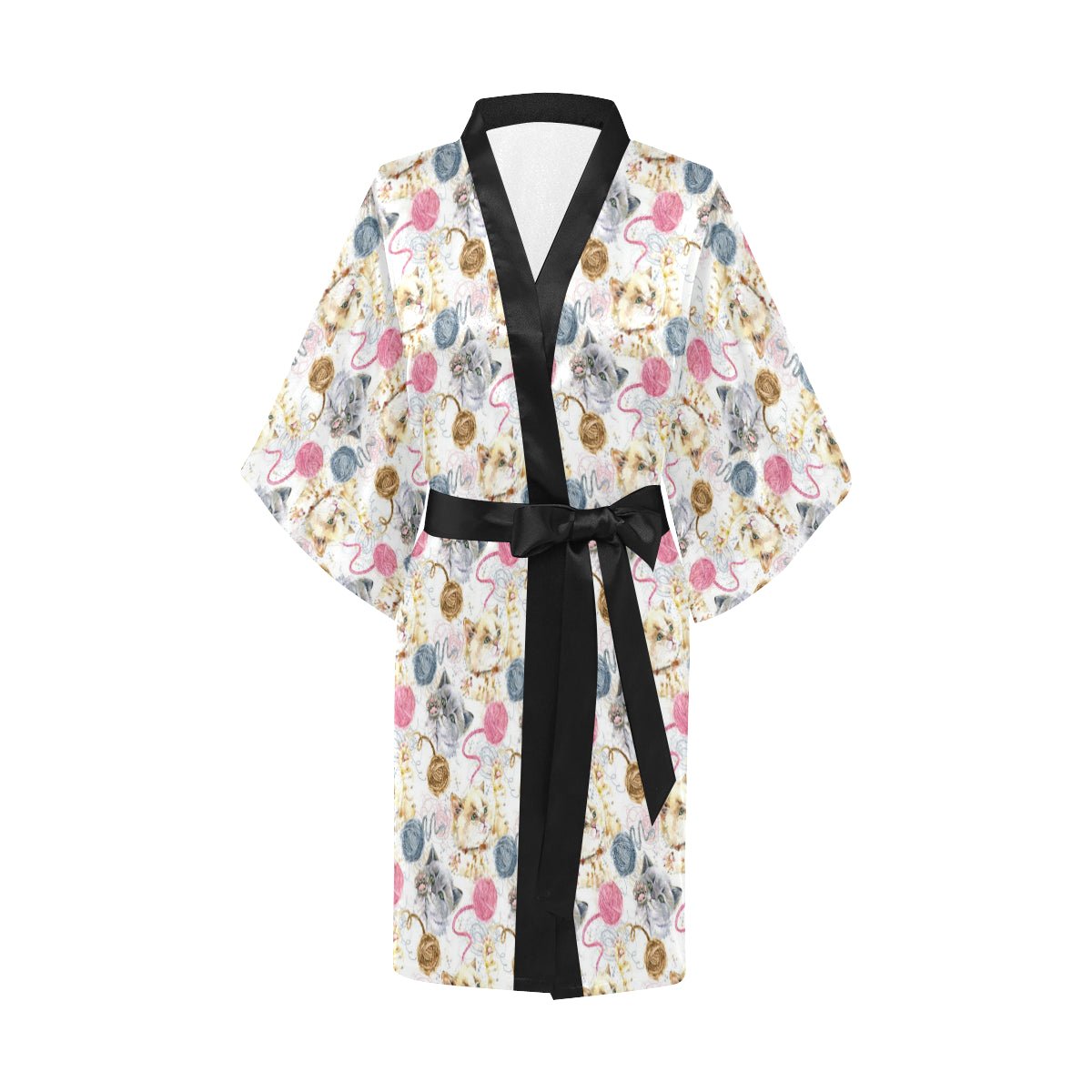 Cat Playing Yarn Pattern Print Design 07 Women's Short Kimono