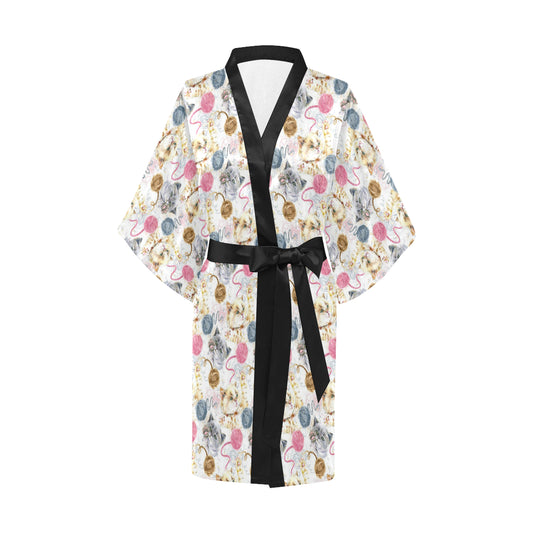 Cat Playing Yarn Pattern Print Design 07 Women's Short Kimono