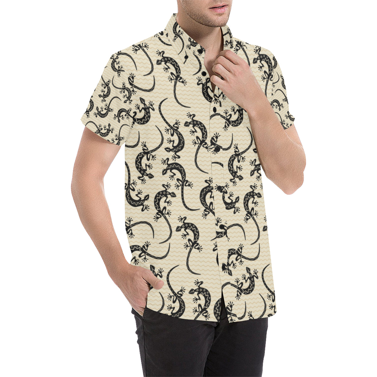 lizard Pattern Print Design 02 Men's Short Sleeve Button Up Shirt